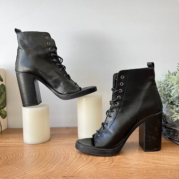 Women’s ZARA Black Leather Peep Toe Lace Up Boots Size 37 Trafaluc - Picture 3 of 9